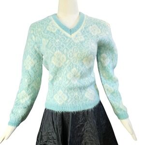 Vintage Sabra Mohair Wool Blend V-Neck Sweater Aqua Blue Knit Pullover Shaggy